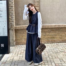 设计感时尚休闲韩版牛仔套装女春秋显瘦背心T恤阔腿裤三件套，女装套装/套裙，维壹