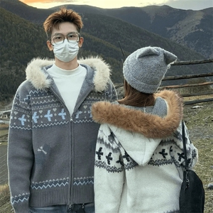 重磅北极绒座山雕毛衣外套冬美式复古休闲慵懒风大毛毛领针织开衫图片