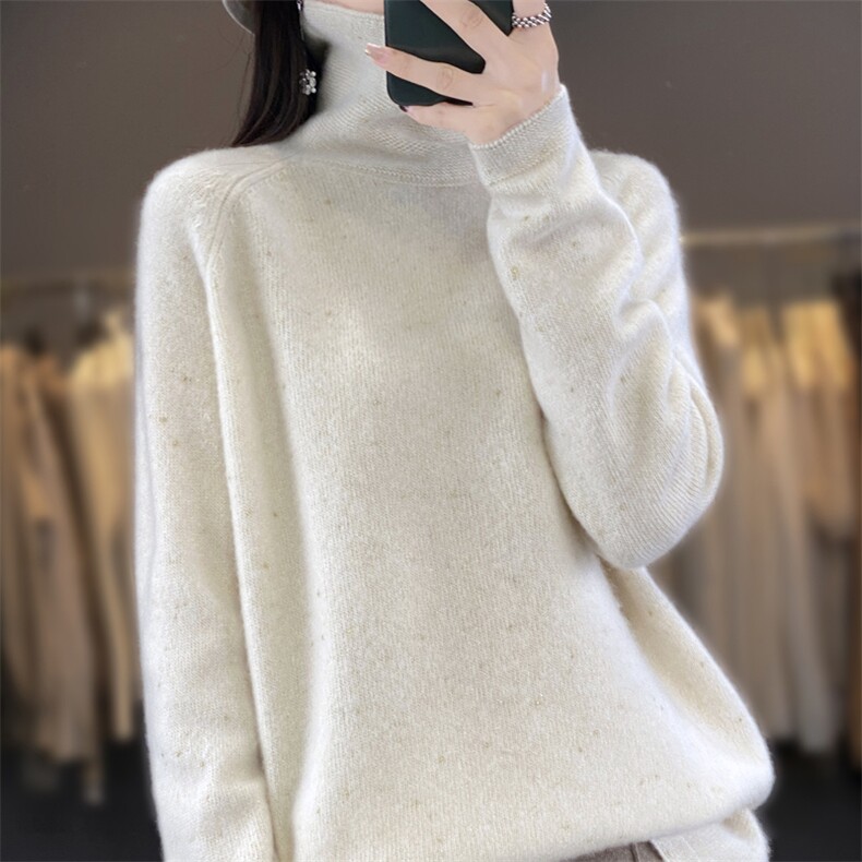 高领100%纯羊毛衫女中长款亮丝针织毛衣秋冬宽松慵懒风打底羊绒衫,女装羊毛衫,迅太羊绒