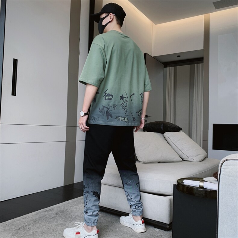 新款夏季时尚帅气潮流体恤男装宽松短袖T恤休闲套装单衣F308P68,男装休闲套装,电商A086