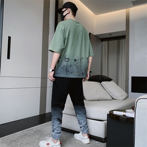 新款夏季时尚帅气潮流体恤男装宽松短袖T恤休闲套装单衣F308P68图片