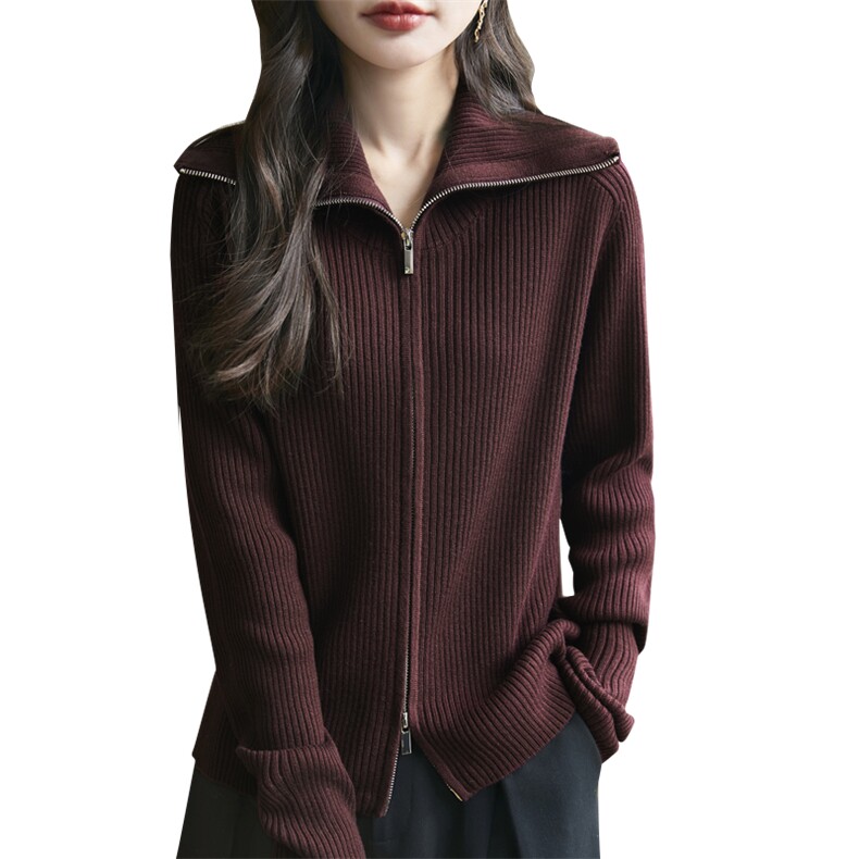 翻领长袖纯色拉链修身2025年春季羊毛针织衫,女装羊毛衫,东远绒业