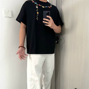 万针全刺绣工艺抖音得物高品质260克重磅纯棉双纱美式高街短袖T恤图片