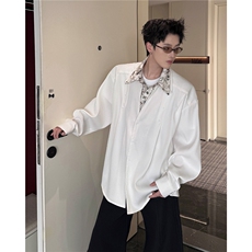 潮流休闲花卉印花领翻领假两件休闲长袖衬衫上衣男潮特P52，男装衬衫，电商B319
