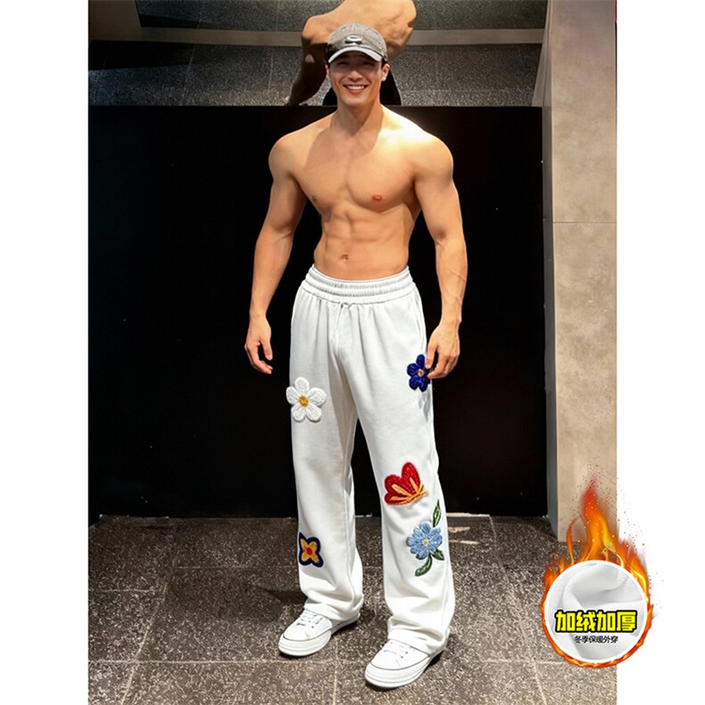 抖音得物高品质秋冬季重磅花卉刺绣潮流运动宽松加绒直筒休闲卫裤，男装休闲裤，电商A486-1