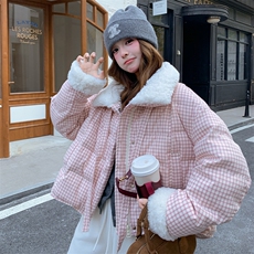 6953数据款现货大货已出90绒毛毛领拼粉格羽绒服P295-K448，女装羽绒服，2D034