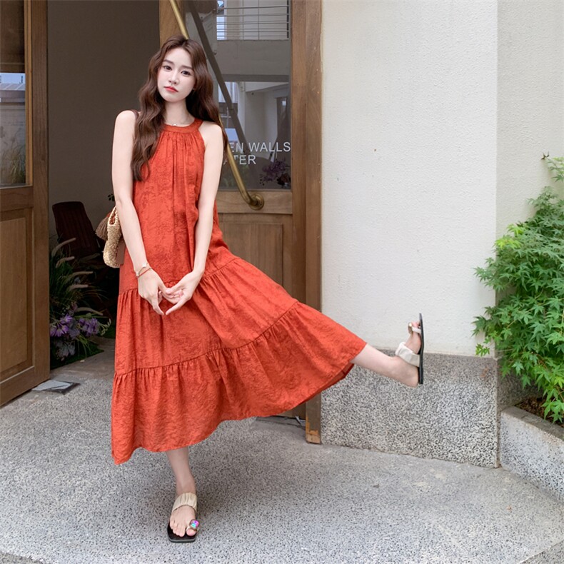 独特绝美橘红色无袖连衣裙女夏新款超好看慵懒松弛感挂脖长裙及踝,女装连衣裙,2C266