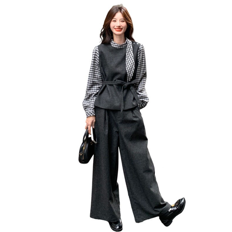 法式优雅气质套装女2025秋新款撞色拼接格纹飘带上衣阔腿裤两件套,女装套装/套裙,2C159