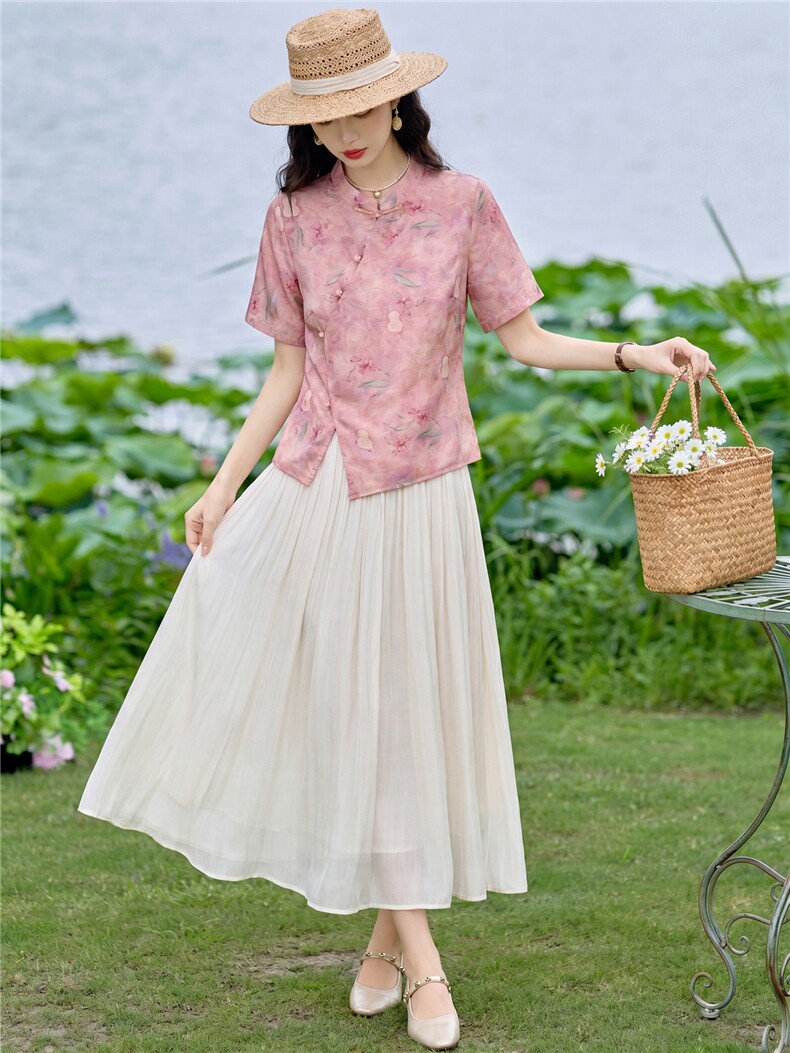 现货2026年夏季新款中式时尚两件套装女小衬衫T恤加纱幕半身裙女,女装套装/套裙,璐依舞