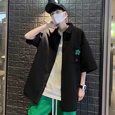 港风ins个性格短袖衬衫男垂感小众五分裤套装工装衬衣TZ0562-P58，男装衬衫，星座308B-1