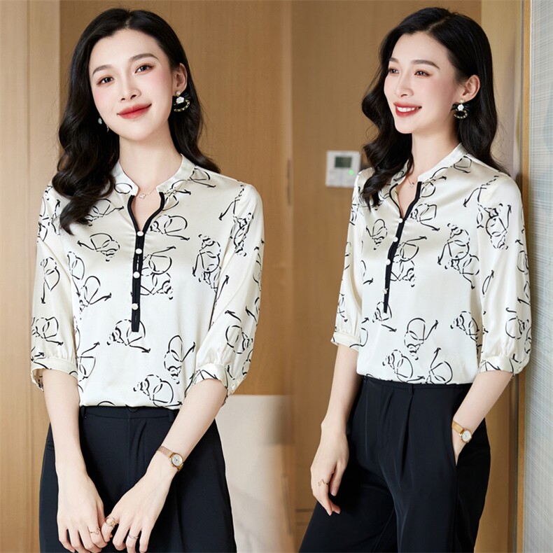 高级感印花真丝衬衫女桑蚕丝2025夏新款衬衣短袖大码气质妈妈上衣,女装衬衫,阿舍尔精品
