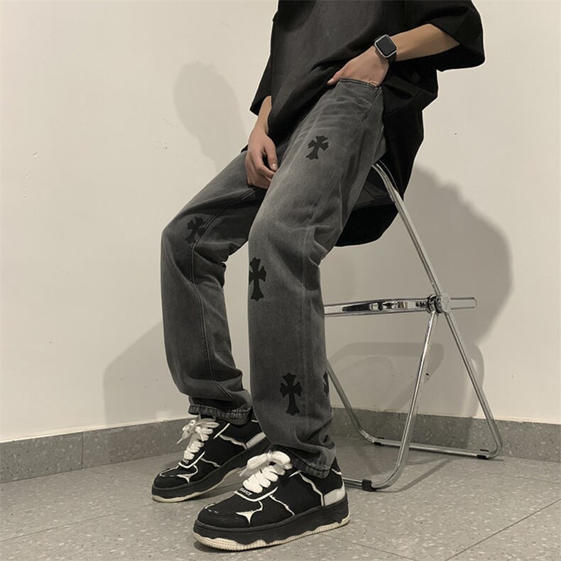 十字架印花牛仔裤男直筒高街潮牌日系宽松长裤N02217-P52,男装牛仔裤,星座308B-2