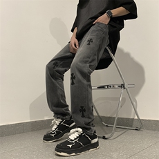 十字架印花牛仔裤男直筒高街潮牌日系宽松长裤N02217-P52，男装牛仔裤，星座308B-2