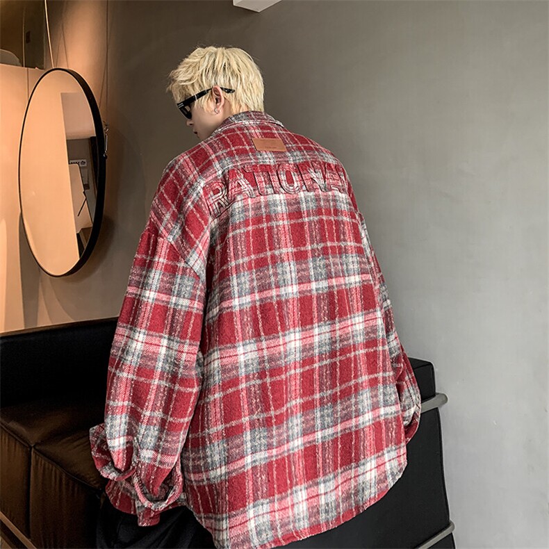现货~美式贴布绣格子衬衣宽松复古外套潮XZ609-WT2351-P70-控108,男装夹克,星座609