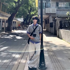 得物抖音高品质二开夏季美式潮牌高街假两件格子衬衣翻领短袖T恤，男装T恤，电商A486
