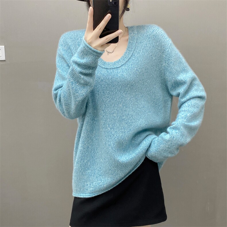 重磅加厚山羊绒衫女士U领毛衣秋冬宽松时尚慵懒风花纱针织上衣，女装羊绒衫，织绒羊