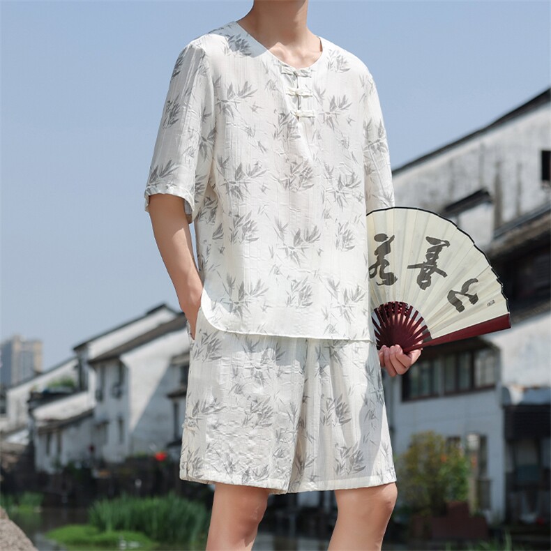2025夏季新款男装风冰丝竹叶印花盘扣套装短袖+短裤A107-P90,男装休闲套装,电商B277(原6028)