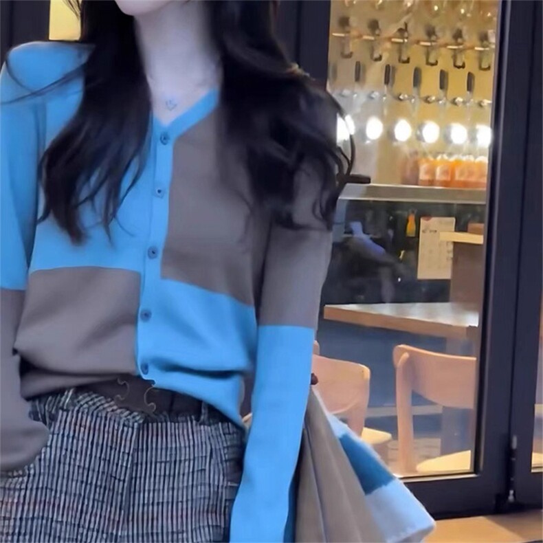 时尚撞色拼接羊毛开衫显瘦百搭长袖针织衫,女装羊毛衫,泰沅羊绒