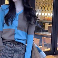 时尚撞色拼接羊毛开衫显瘦百搭长袖针织衫，女装羊毛衫，泰沅羊绒