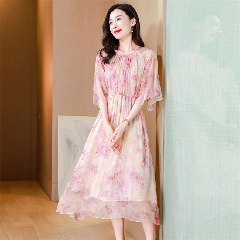 真丝连衣裙2025夏季新款大码女装衣服桑蚕丝高端精致气质碎花裙子,女装连衣裙,阿舍尔精品