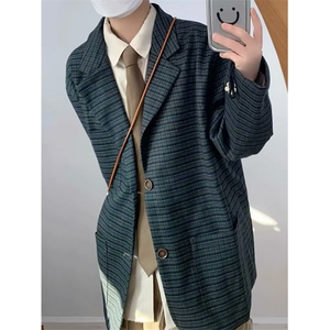 春秋复古细格纹西服男生宽松休闲小众设计小西装上衣外套 XB18图片