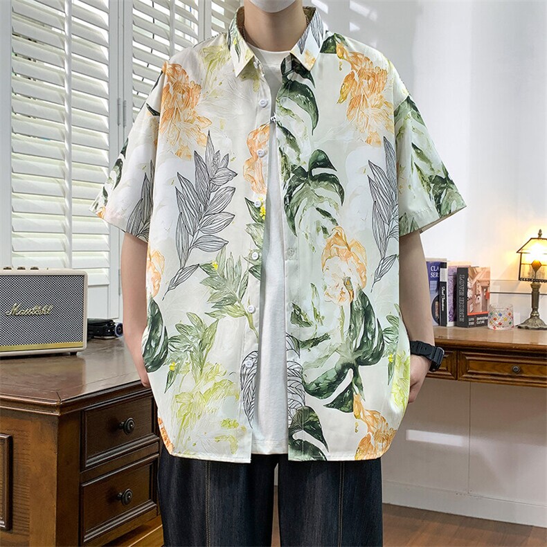 精品大码花男短袖夏季痞宽松上衣服外套翻领衬衫A012/C870C875P35,男装衬衫,电商A012