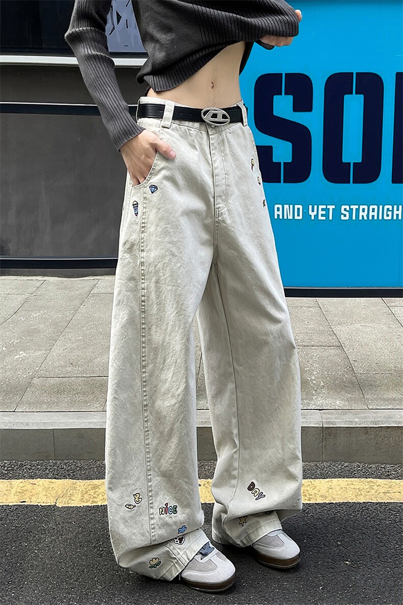 8X-M卡通绣花休闲裤男2025新款情侣宽松阔腿弯刀裤子K9173P78,男装休闲裤,电商D206-1
