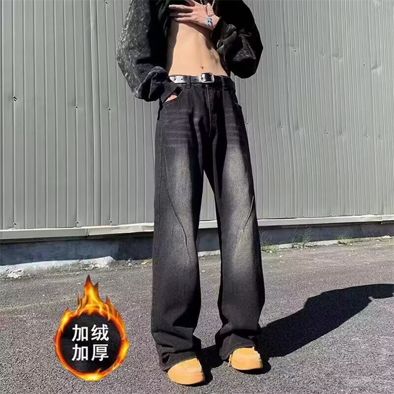 加绒加厚复古水洗直筒阔腿牛仔裤高街百搭休闲长裤N06776-P50图片