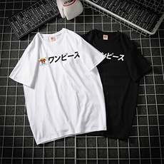 网格风2021夏季日系动漫卡通人物海贼王路飞纯棉宽松T恤T1901，男装T恤，星座1116-2