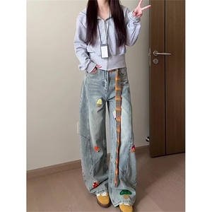 超火破洞牛仔裤女小熊刺绣破洞牛仔裤水洗复古高腰显瘦阔腿拖地裤图片