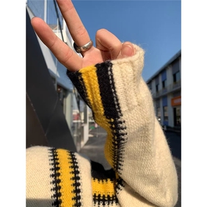 美式慵懒风oversize撞色条纹毛衣男女秋冬情侣高级感连帽针织外套图片