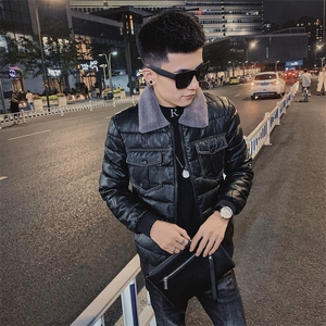 PU皮棉衣羊羔毛领冬季棉服潮男社会精神小伙修身C301B-MF04图片