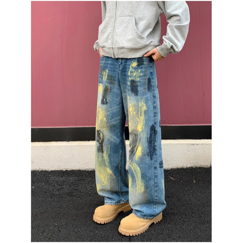 美式复古泼墨脏染破坏弯刀牛仔裤男女宽松阔腿休闲裤N782-P50，男装牛仔裤，星座308B-2