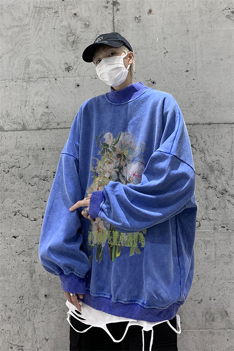 水洗做旧加绒加厚卫衣男23冬高领油画花朵打底衫XZ514-2-X51-P78,男装T恤,星座514-2(原B239)