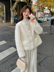 韩版减龄蕾丝边羊羔毛外套女2025年冬季新款显瘦加厚短款皮毛一体，女装羊羔毛/颗粒绒，维壹