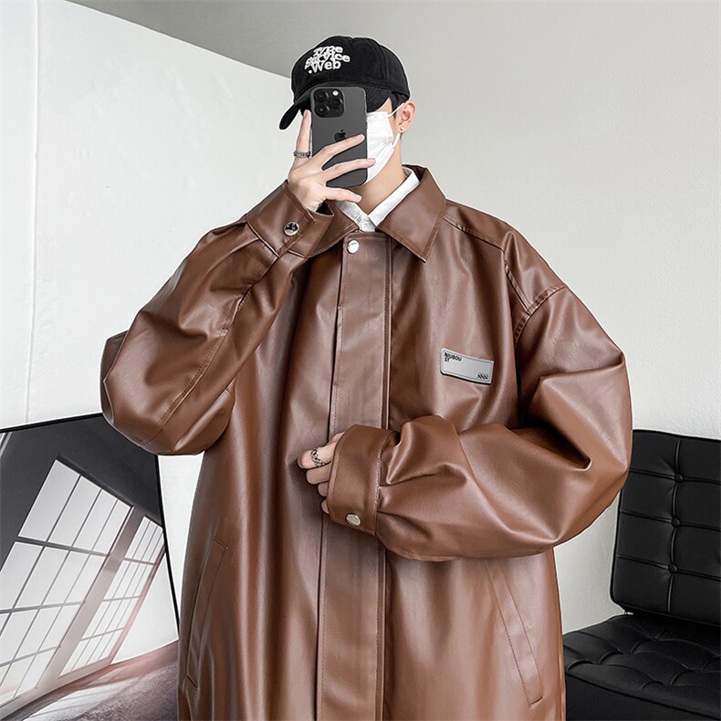 秋季翻领男士皮衣贴标夹克潮外套休闲青年款A266-PY006-特P55，男装皮衣，电商A266