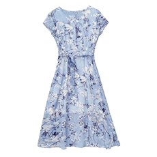 时尚印花雪纺连衣裙女短袖2023夏新款高级感有女人味过膝长裙显瘦，女装连衣裙，牡丹诺