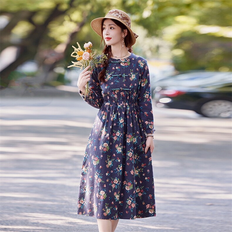中式碎花连衣裙女装纯棉长袖2025年秋季新款高端大码显瘦棉麻裙子,商品下架区,水衣源