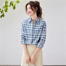 2026春夏新款蓝白格纹衬衫女学院风宽松慵懒风叠穿衬衣透气纯棉，女装衬衫，艾米
