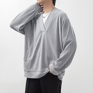 灰色基础款V领卫衣男女简约ins百搭休闲套头长袖体恤上衣 W65图片