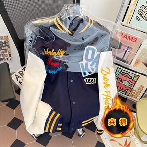 美式复古拼色植绒刺绣棒球服夹克男女秋冬季夹棉宽松外套-MF006图片