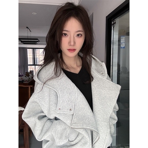 抖音得物品质 26春装美式重磅结构斜拉链高领连帽卫衣开衫外套W61图片
