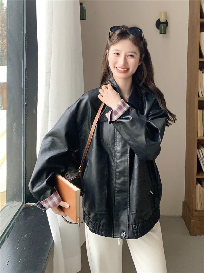 美式复古机车女孩皮衣女2026新款春季翻领宽松高级格纹撞色外套,女装皮衣,艾米莉亚