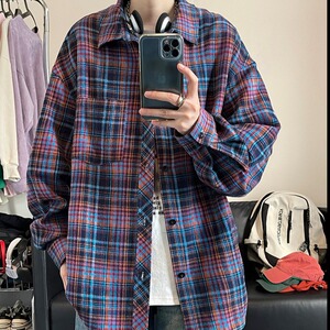 格子衬衫男长袖春秋季新款美式复古高街潮牌休闲宽松翻领衬衣外套图片