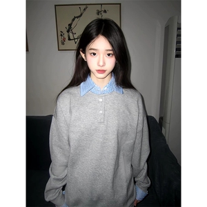 抖音得物高品质26春装美式高街假两件衬衫领长袖卫衣POLO领打底衫图片