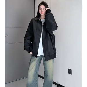潮流设计感假两件刺绣pu皮衣男女情侣装夹克潮牌春季美式外套图片