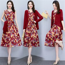 2022年春季时尚简约大方气质优雅收腰显瘦碎花裙两件套，女装套装/套裙，香水丽阁