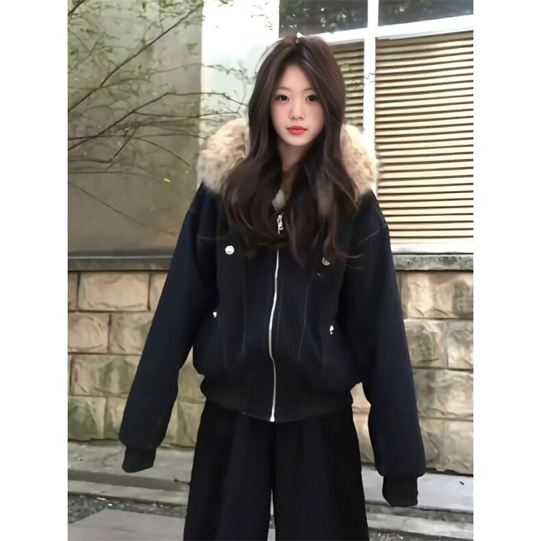 座山雕棉服男女同款加厚美式短款毛领棉衣小众设计感连帽二棉外套图片