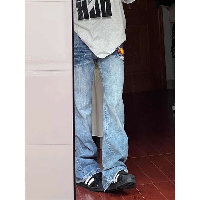 浅蓝色闪电纹弯刀牛仔裤男款夏季美式高街vibe裤子潮牌直筒微喇裤,男装牛仔裤,星座1007（原301D）