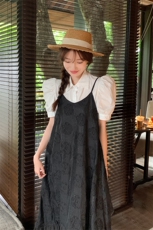 夏季法式质感高级黑色提花吊带长裙女时尚百搭宽松大摆度假连衣裙，女装连衣裙，浙宝276（原081）